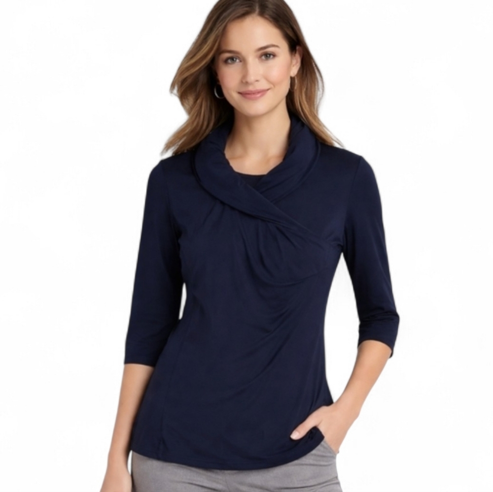 Y2K Ulla Popken Iridescent Asymmetrical Cowl Neck Navy Draped 3/4 Sleeves Top